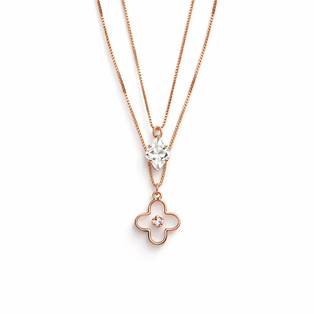 925 Sterling Silver Rose Gold Layered Clover Pendant Necklace with Crystal Stone