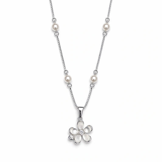 925 Sterling Silver Pearl Flower Pendant Necklace for Women