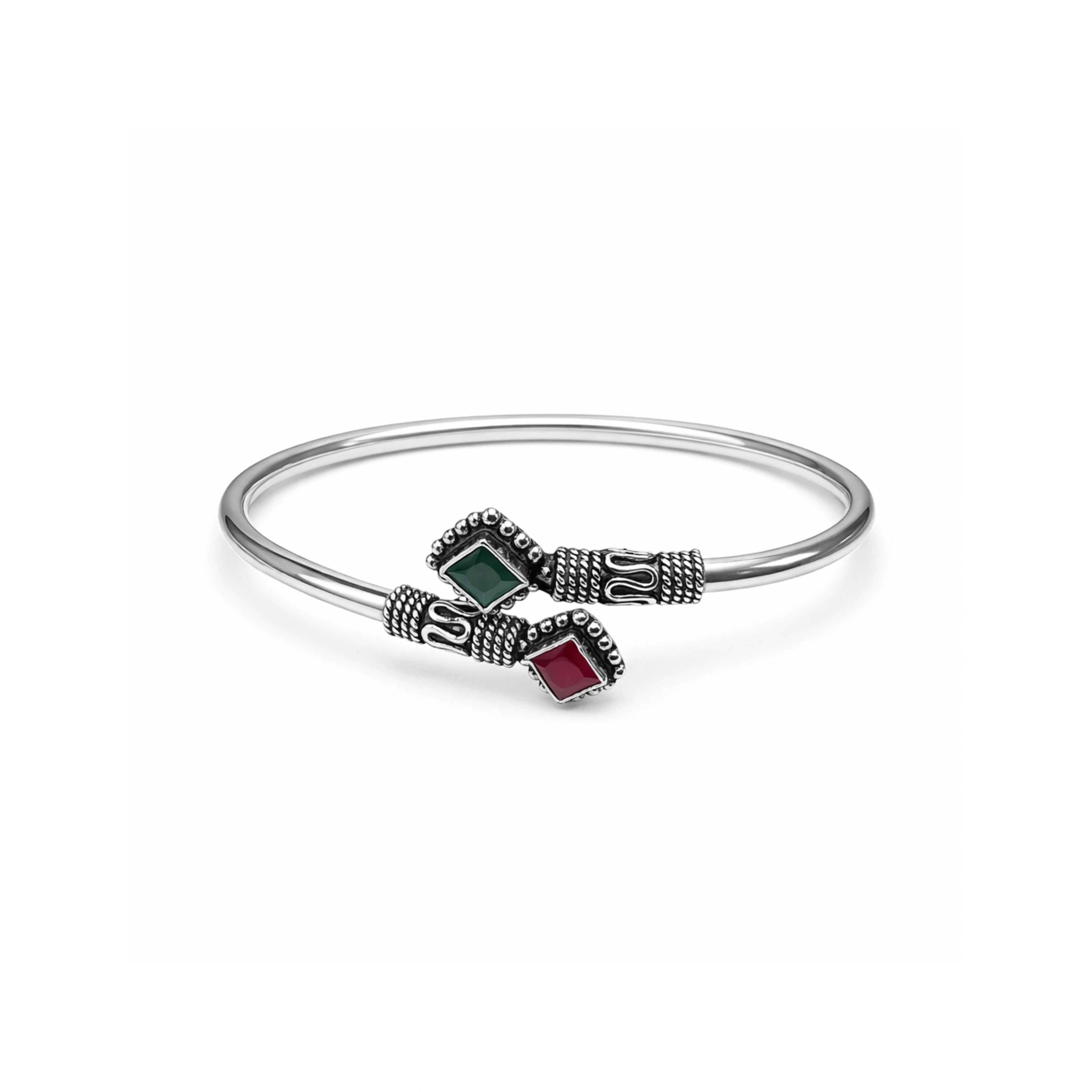 925 Silver Silver Adjustable Open Cuff Bangle with Red & Green Stones