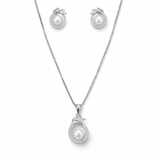 925 Sterling Silver Pearl Pendant Necklace Set with CZ Stones & Stud Earrings