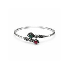 925 Silver Silver Adjustable Open Cuff Bangle with Red & Green Stones