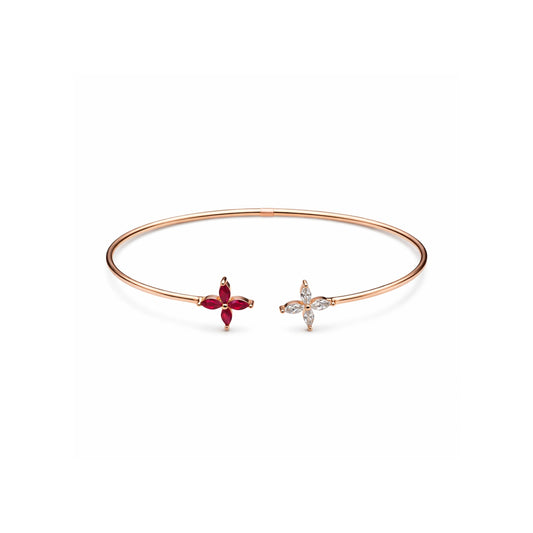 Rose Gold Plated Adjustable Open Bangle with Ruby & Crystal Floral Design