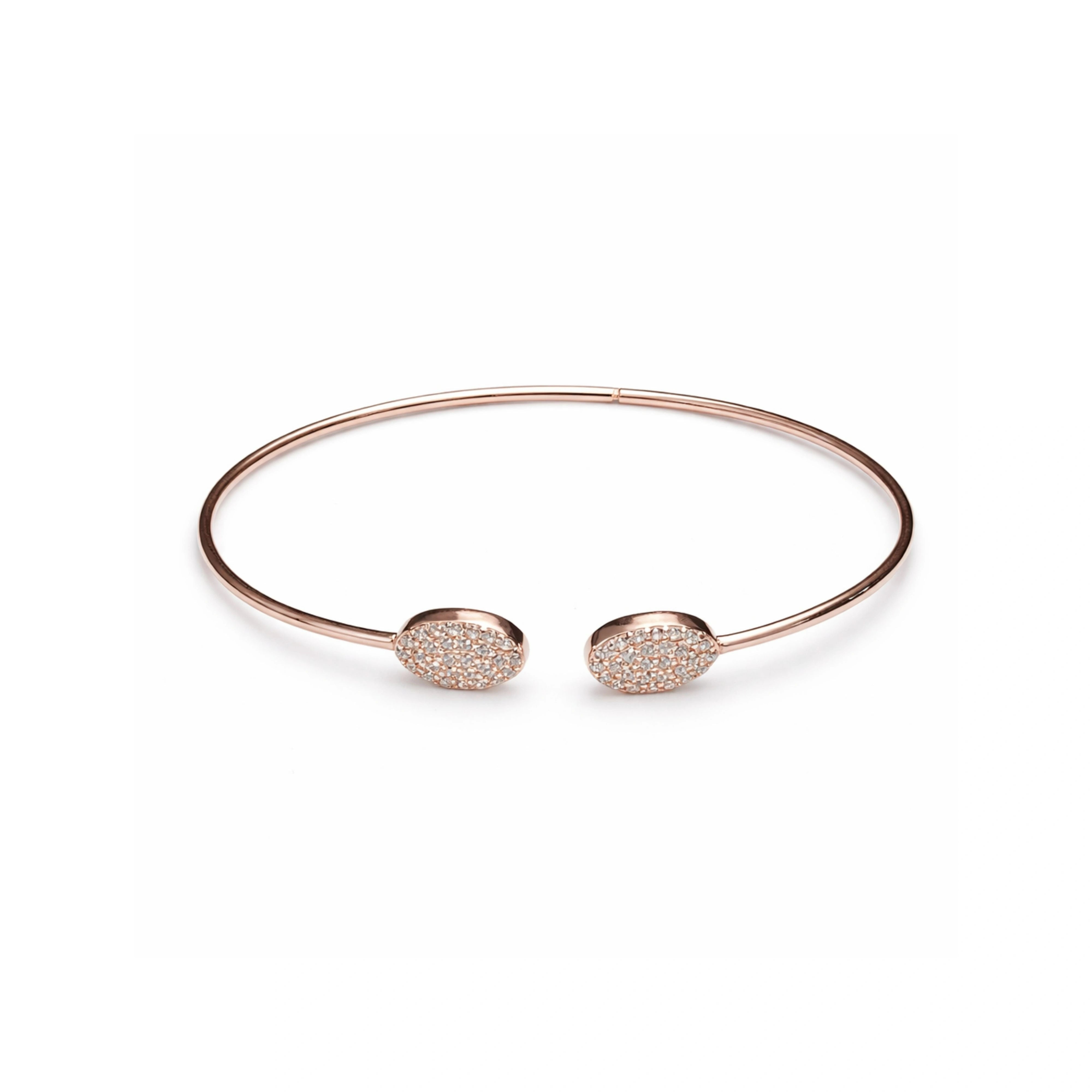 925 Silver Rose Gold Plated Open Cuff Bracelet with Oval Crystal Studded Ends