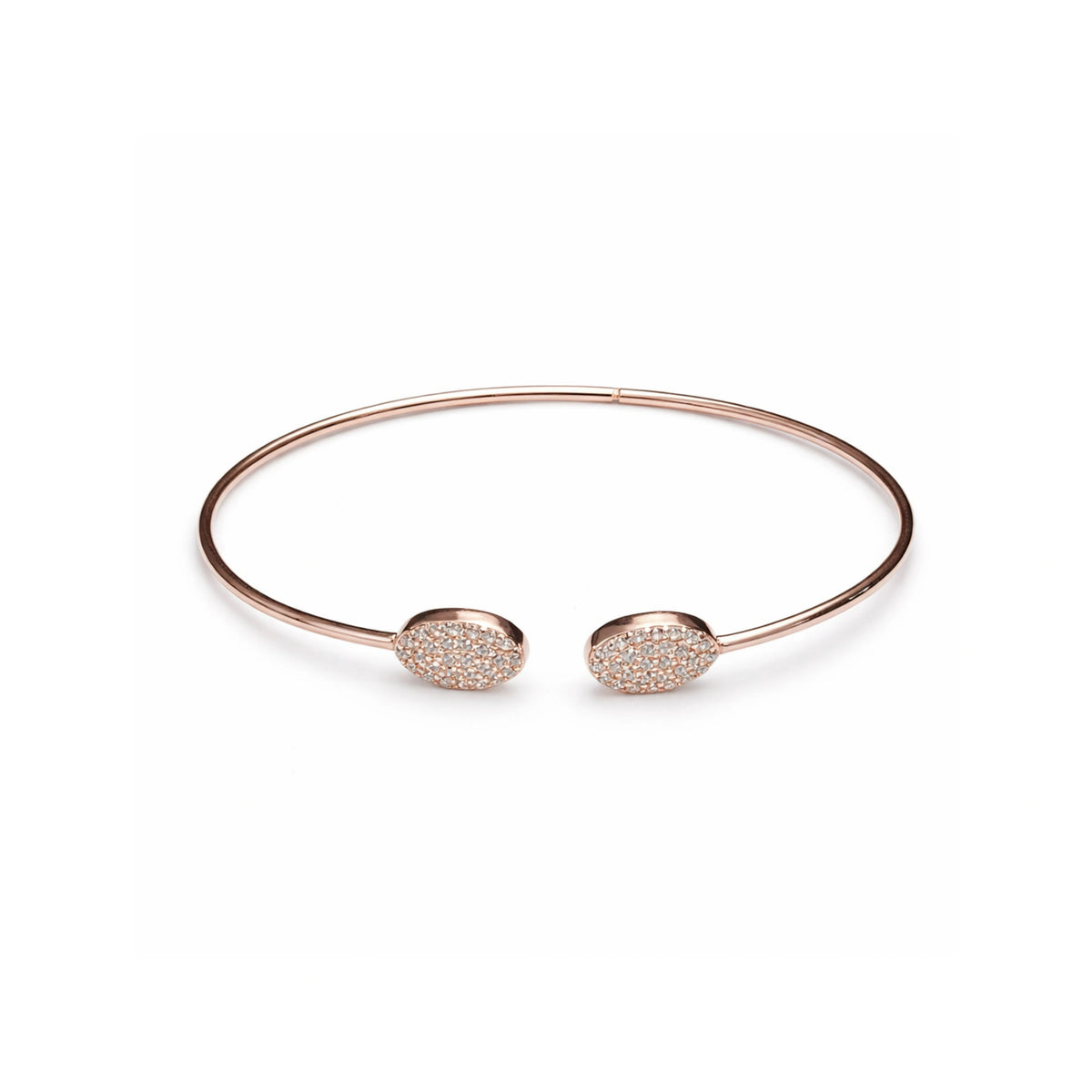 925 Silver Rose Gold Plated Open Cuff Bracelet with Oval Crystal Studded Ends