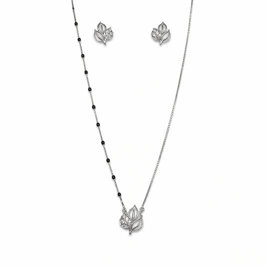 925 Sterling Silver Leaf Design Mangalsutra Necklace Set with Black Beads & Earrings