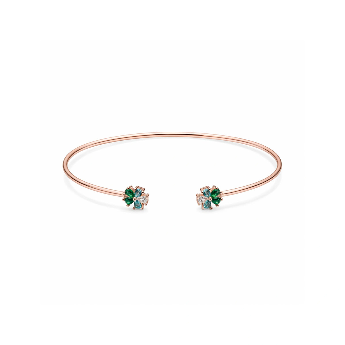 925 Silver Rose Gold Plated Adjustable Open Cuff Bracelet with Green Floral Stone Design