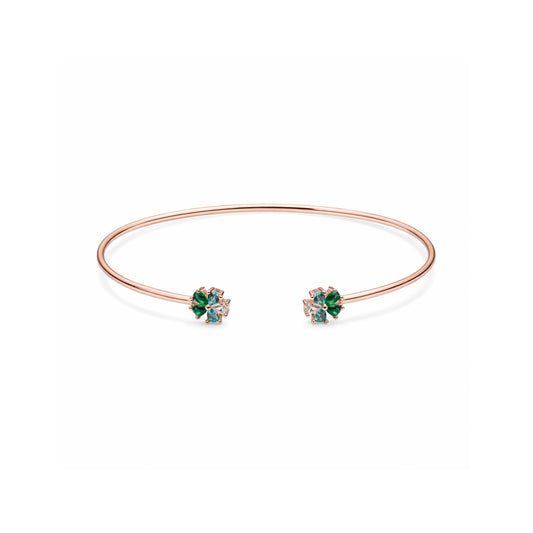 Rose Gold Plated Adjustable Open Cuff Bracelet with Green Floral Stone Design