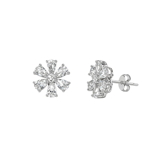 925 Sterling Silver Floral Stud Earrings with Clear CZ