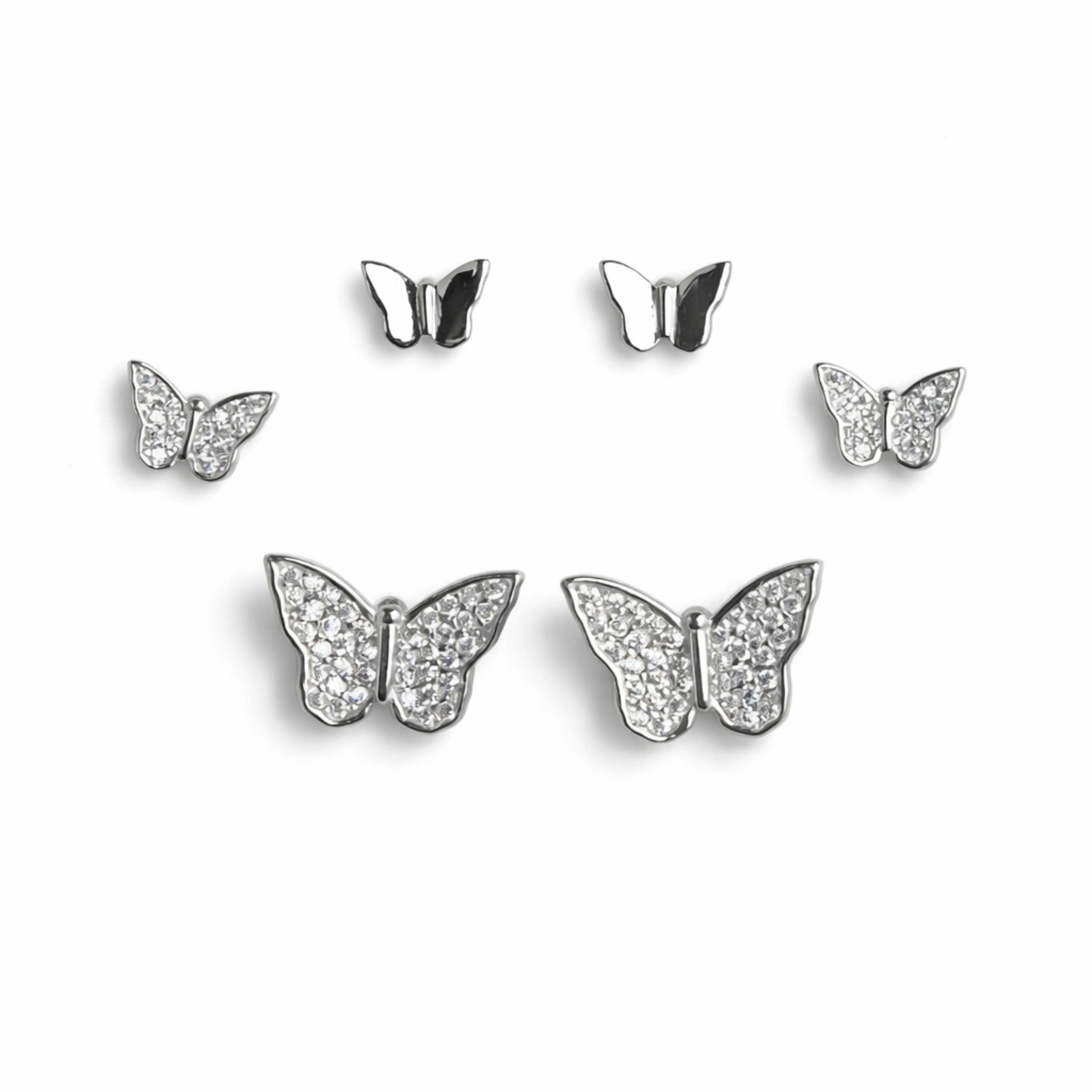 925 Sterling Silver Butterfly Stud Earrings Set | 3 Pair CZ Butterfly Studs