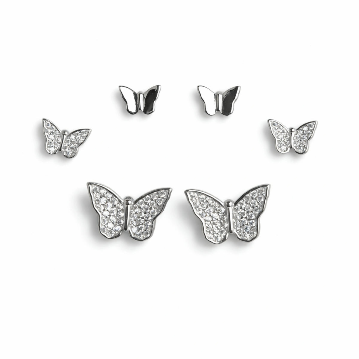 925 Sterling Silver Butterfly Stud Earrings Set | 3 Pair CZ Butterfly Studs