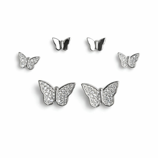 925 Sterling Silver Butterfly Stud Earrings Set | 3 Pair CZ Butterfly Studs