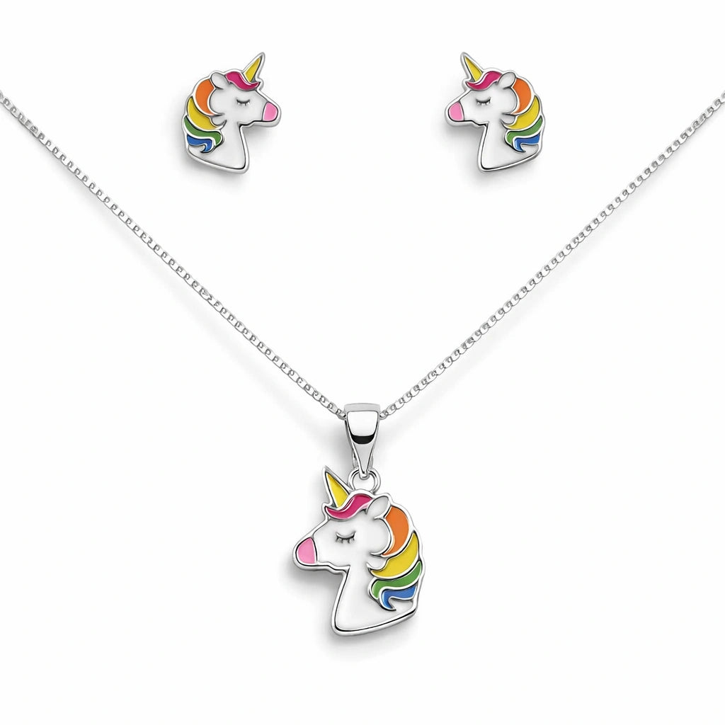 925 Sterling Silver Unicorn Pendant Set with Rainbow Enamel