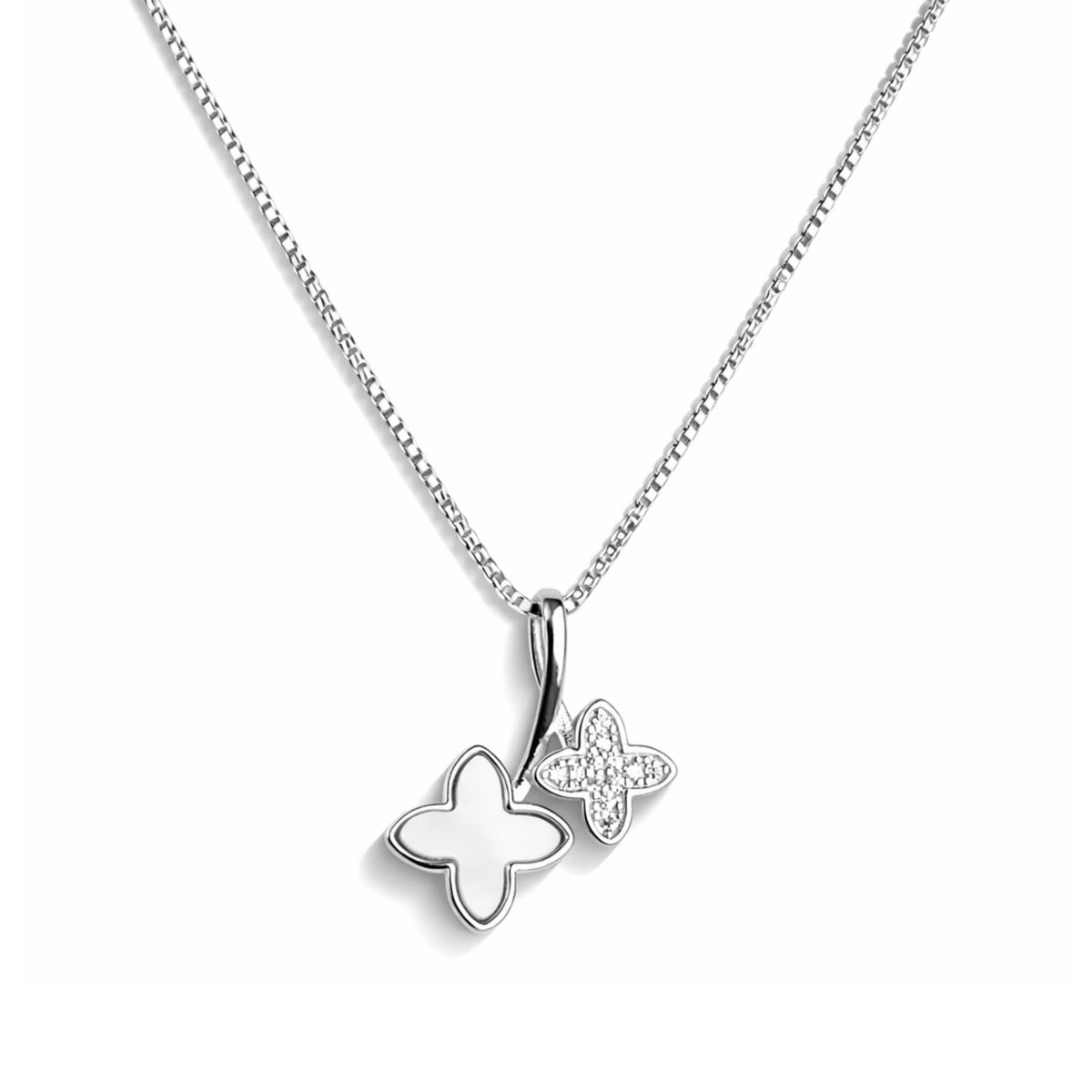 925 Sterling Silver Double Clover Pendant Necklace with Cubic Zirconia