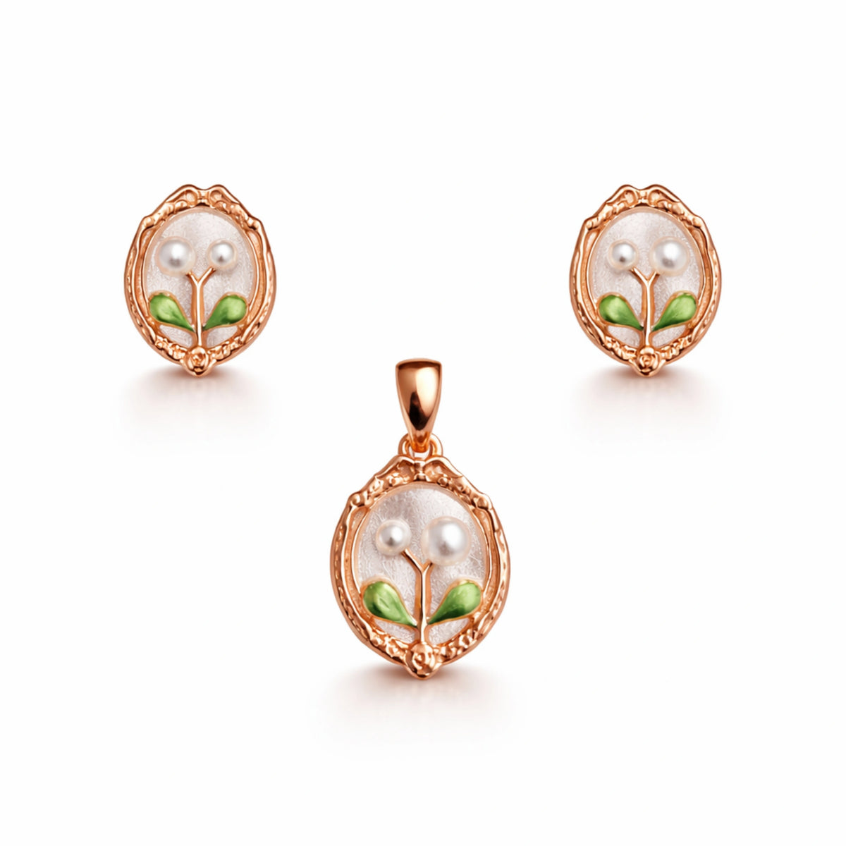 Rose Gold Pearl Floral Pendant Set