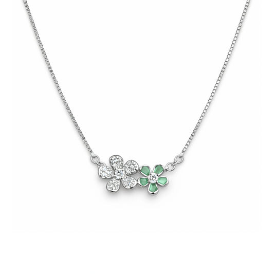 925 Sterling Silver Dual Flower Necklace with Green Stones & Cubic Zirconia