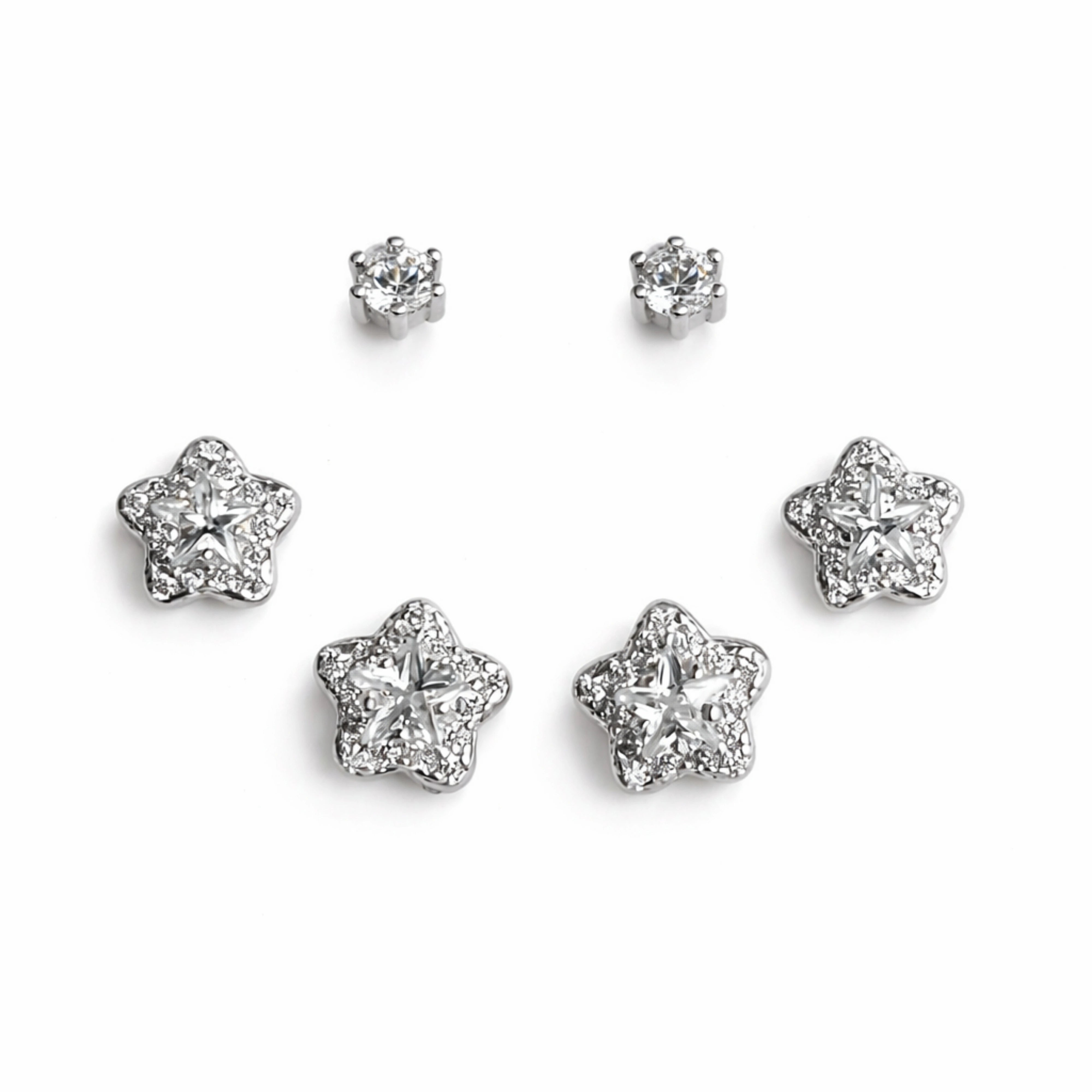 925 Sterling Silver Star Stud Earrings Set | 3 Pair CZ Star Earrings