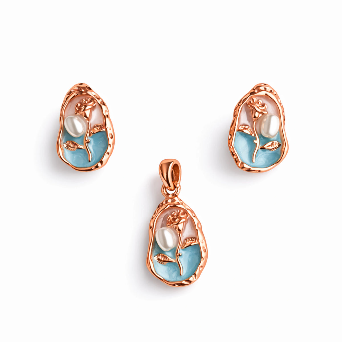 Rose Gold Pearl Enamel Pendant Set