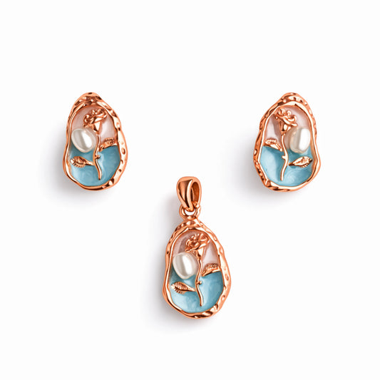 Rose Gold Pearl Enamel Pendant Set