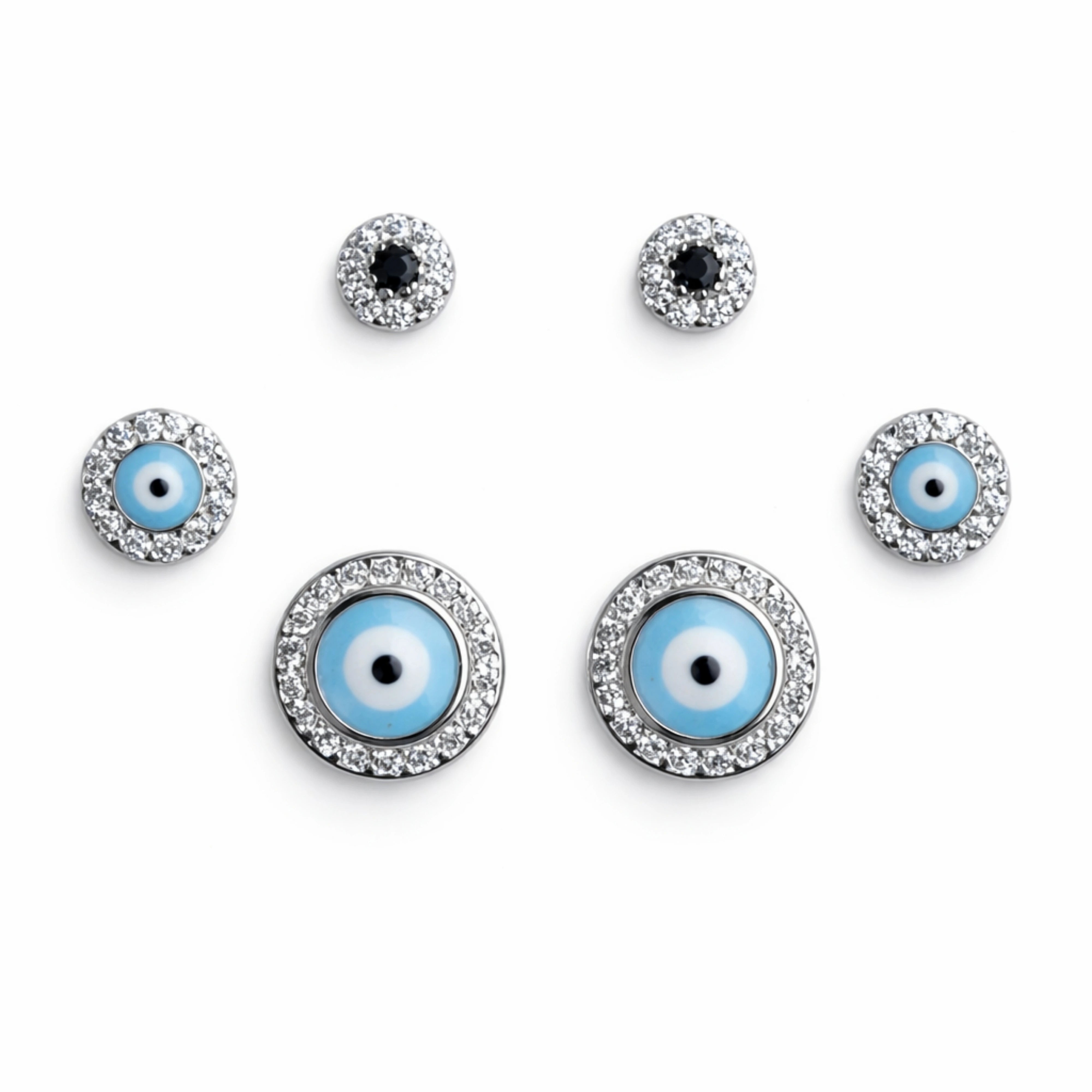 925 Sterling Silver Evil Eye Stud Earrings Set | 3 Pair CZ Protection Earrings