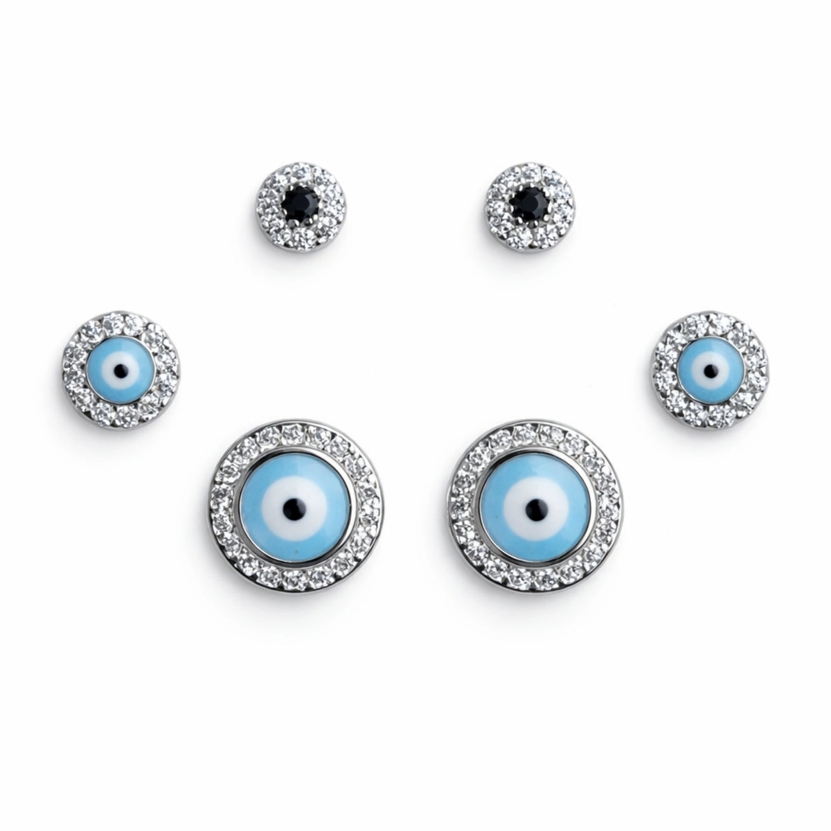 925 Sterling Silver Evil Eye Stud Earrings Set | 3 Pair CZ Protection Earrings