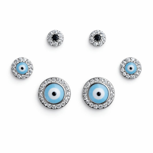 925 Sterling Silver Evil Eye Stud Earrings Set | 3 Pair CZ Protection Earrings
