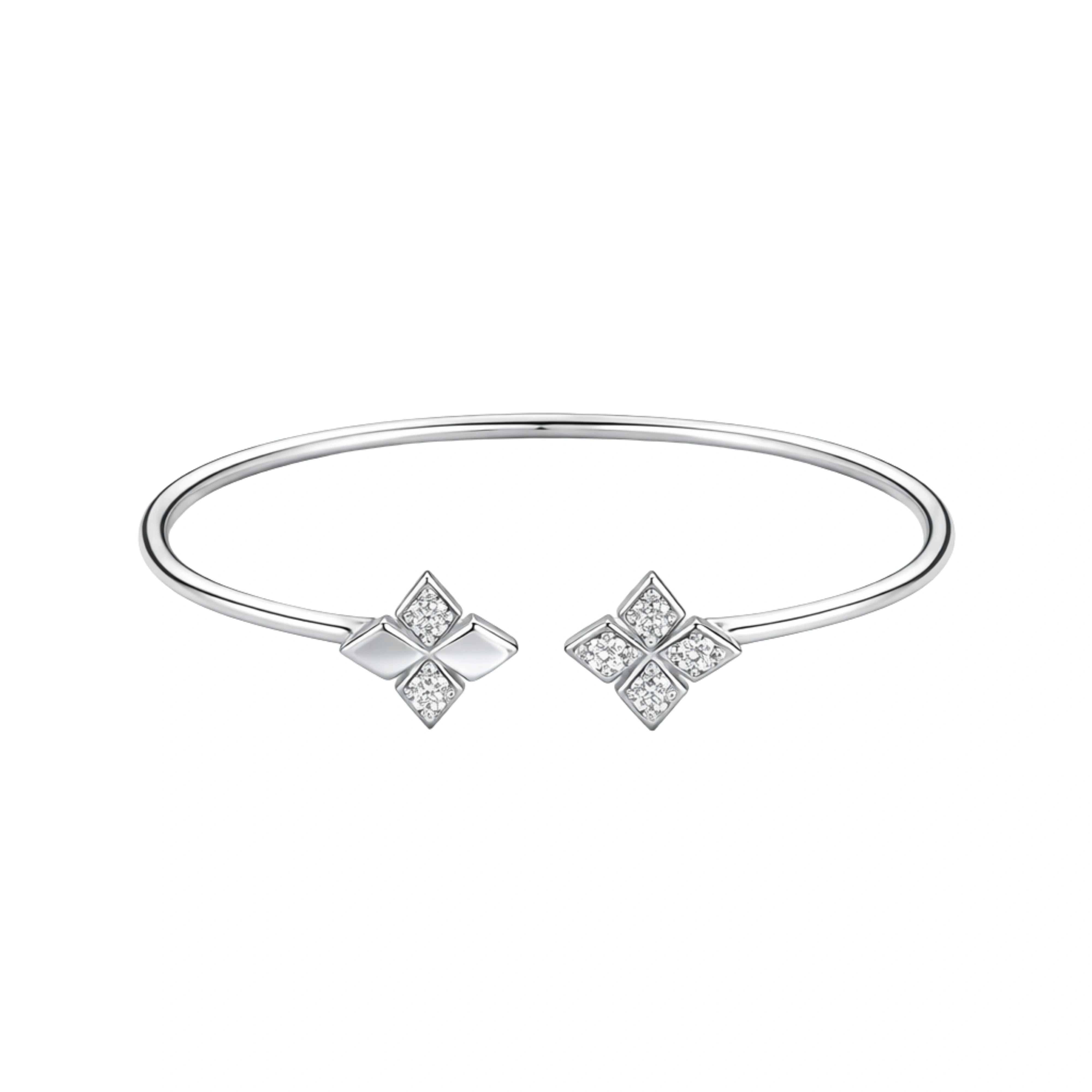 925 Sterling Silver Open Bangle with Diamond Shape CZ Clusters