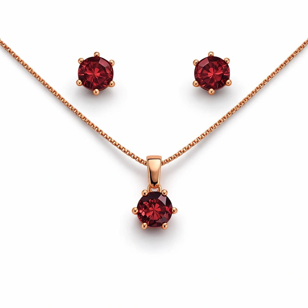 925 Sterling Silver Rose Gold Plated Red Stone Pendant Set with Stud Earrings for Women