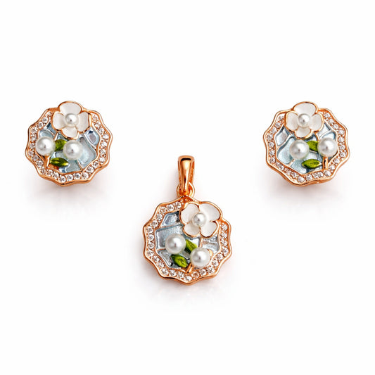 Rose Gold Floral Pearl Pendant Set