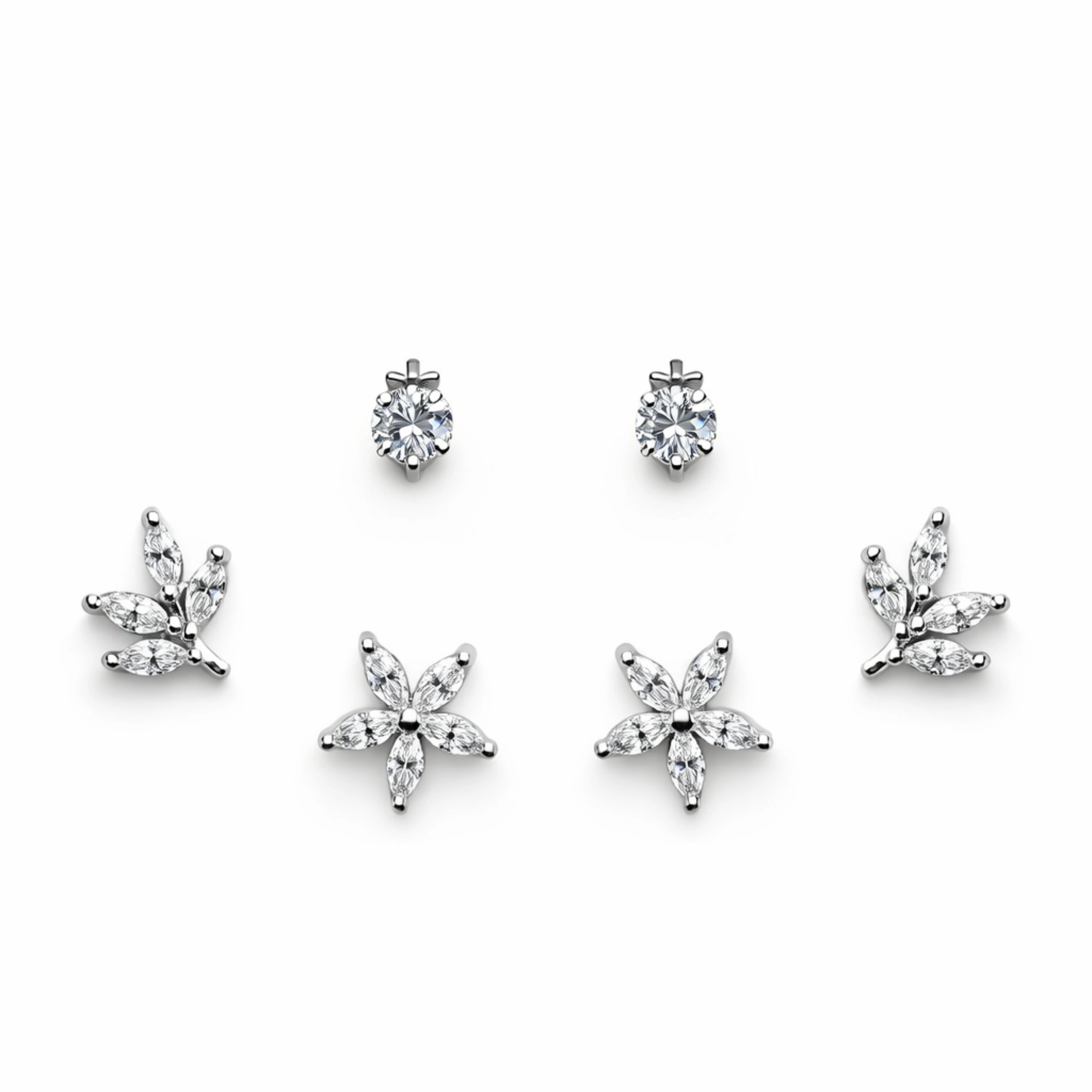 925 Sterling Silver Floral CZ Stud Earrings Set | 3 Pair Flower Design Studs