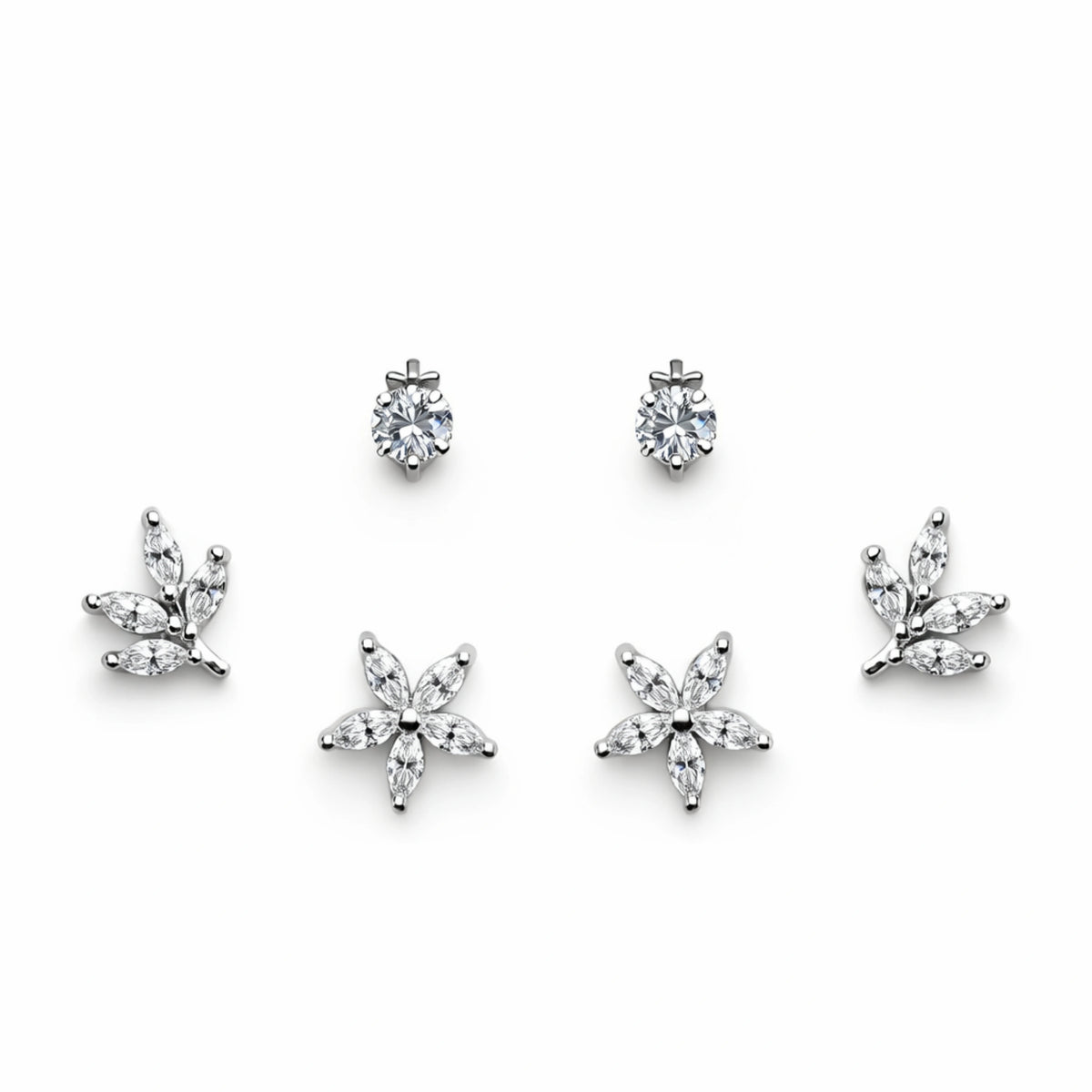 925 Sterling Silver Floral CZ Stud Earrings Set | 3 Pair Flower Design Studs