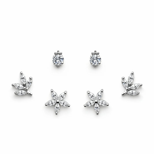 925 Sterling Silver Floral CZ Stud Earrings Set | 3 Pair Flower Design Studs