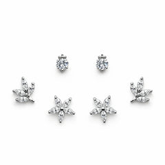 925 Sterling Silver Floral CZ Stud Earrings Set | 3 Pair Flower Design Studs
