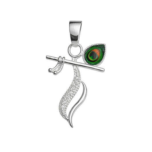 925 Sterling Silver Krishna Flute Pendant with Peacock Feather & CZ Detailing