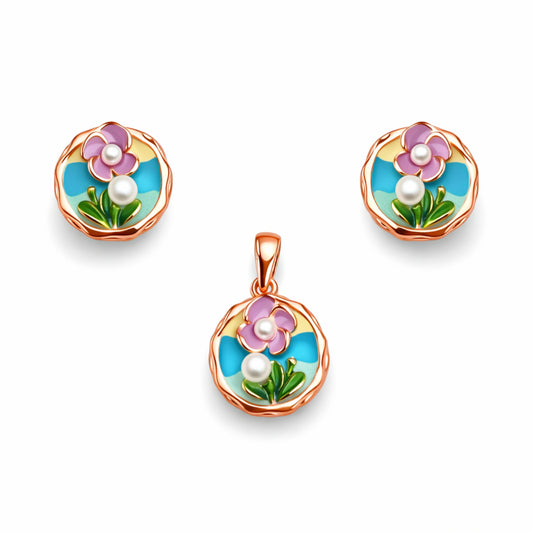 Rose Gold Enamel Floral Pearl Pendant Set