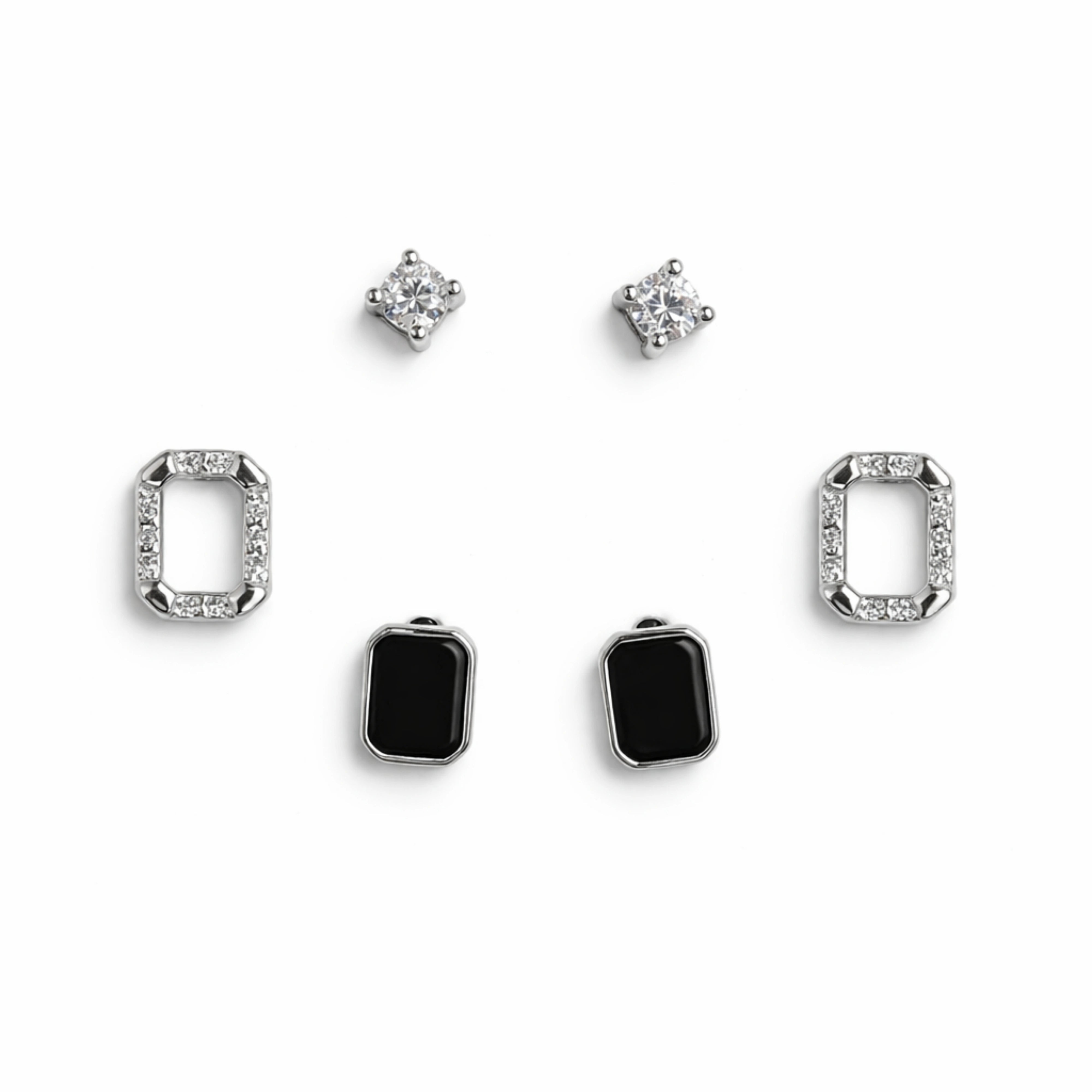 925 Sterling Silver Geometric Stud Earrings Set | 3 Pair Black Stone & CZ Earrings
