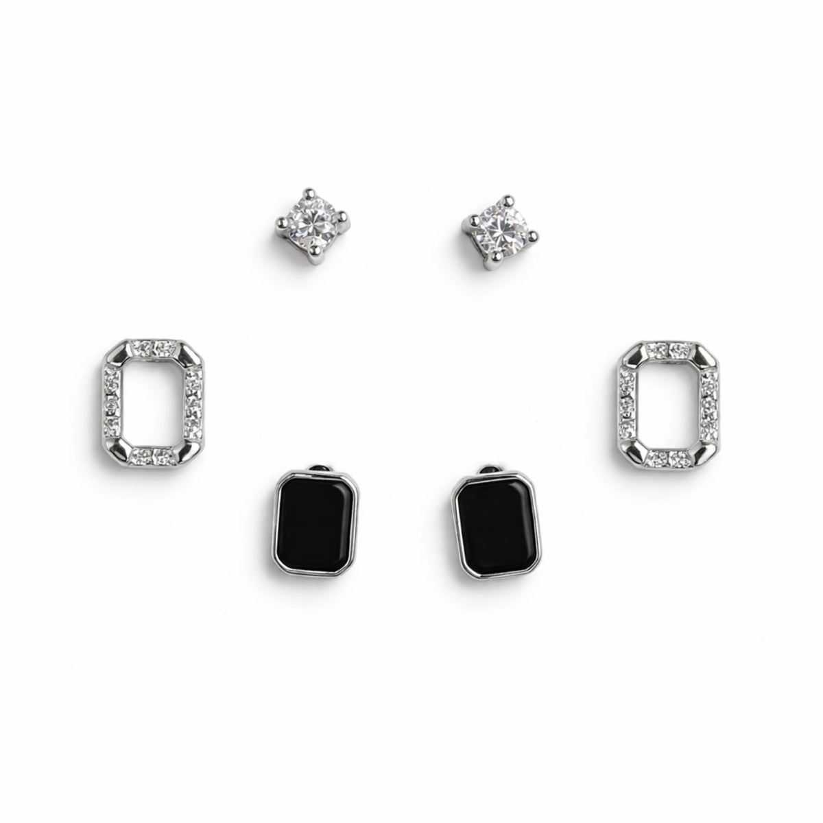 925 Sterling Silver Geometric Stud Earrings Set | 3 Pair Black Stone & CZ Earrings