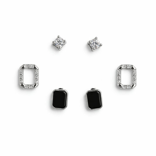 925 Sterling Silver Geometric Stud Earrings Set | 3 Pair Black Stone & CZ Earrings