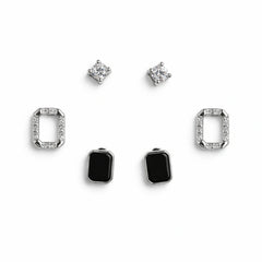 925 Sterling Silver Geometric Stud Earrings Set | 3 Pair Black Stone & CZ Earrings
