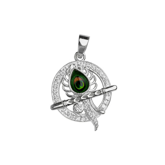 925 Sterling Silver Krishna Flute Pendant with Peacock Feather & CZ Stones