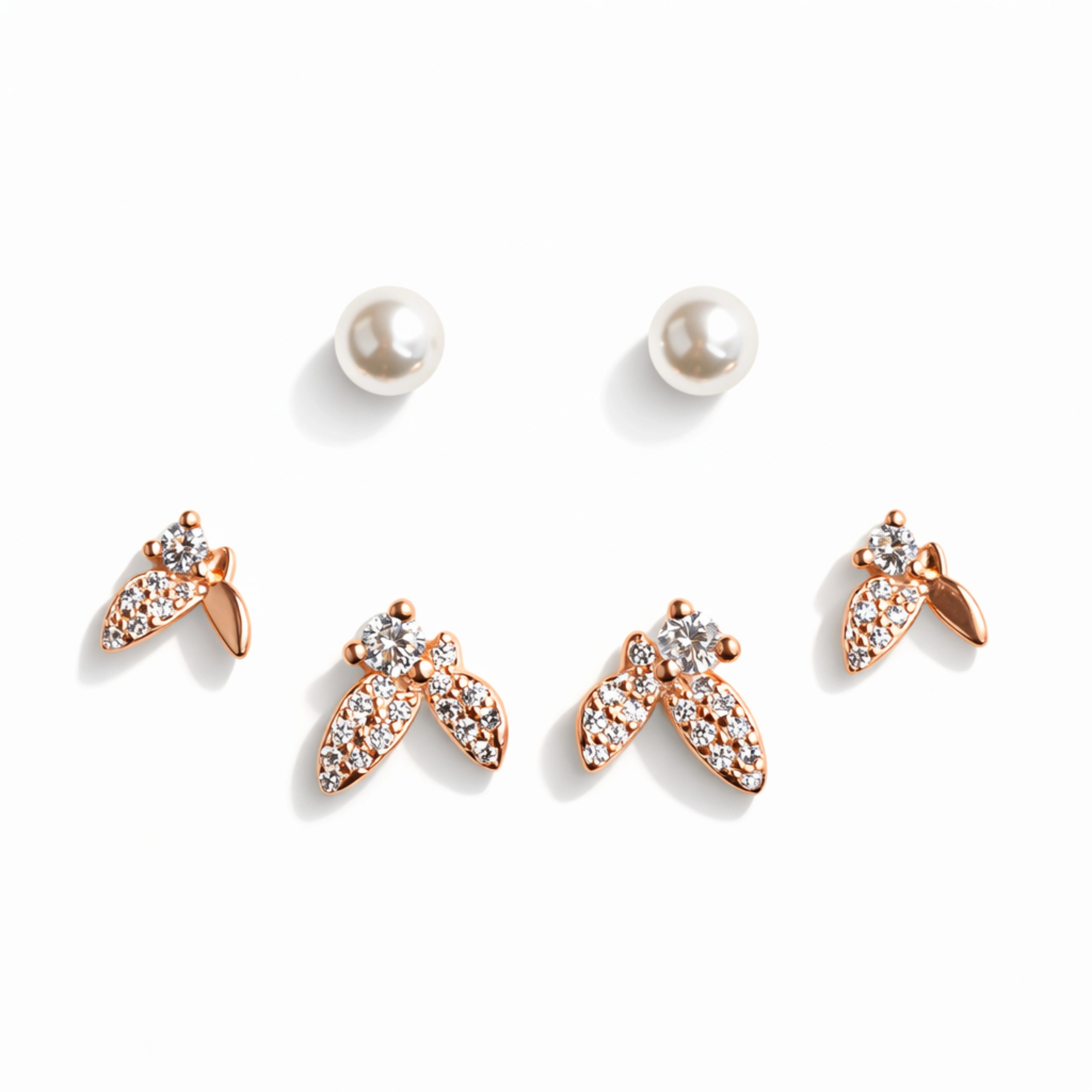925 Sterling Silver Pearl & CZ Bee Earrings Set | 3 Pair Rose Gold Stud Earrings