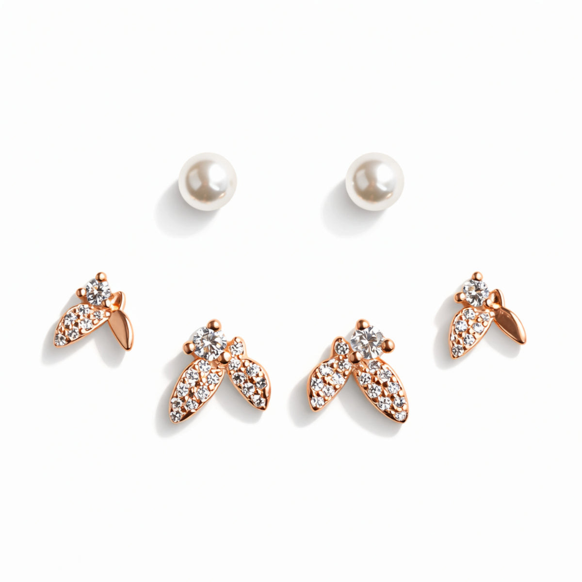 925 Sterling Silver Pearl & CZ Bee Earrings Set | 3 Pair Rose Gold Stud Earrings