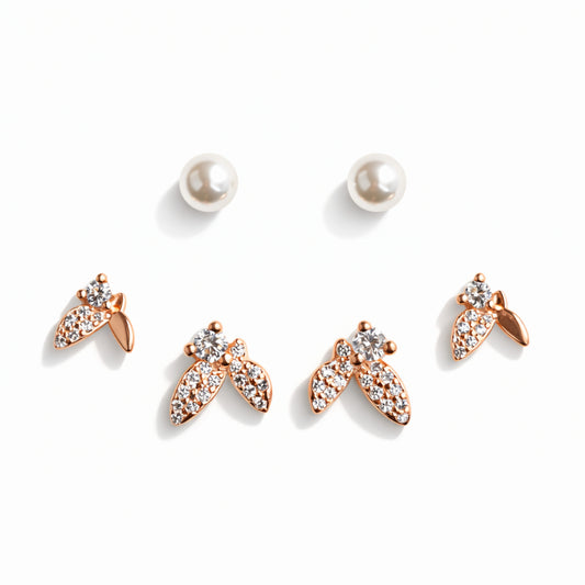 925 Sterling Silver Pearl & CZ Bee Earrings Set | 3 Pair Rose Gold Stud Earrings