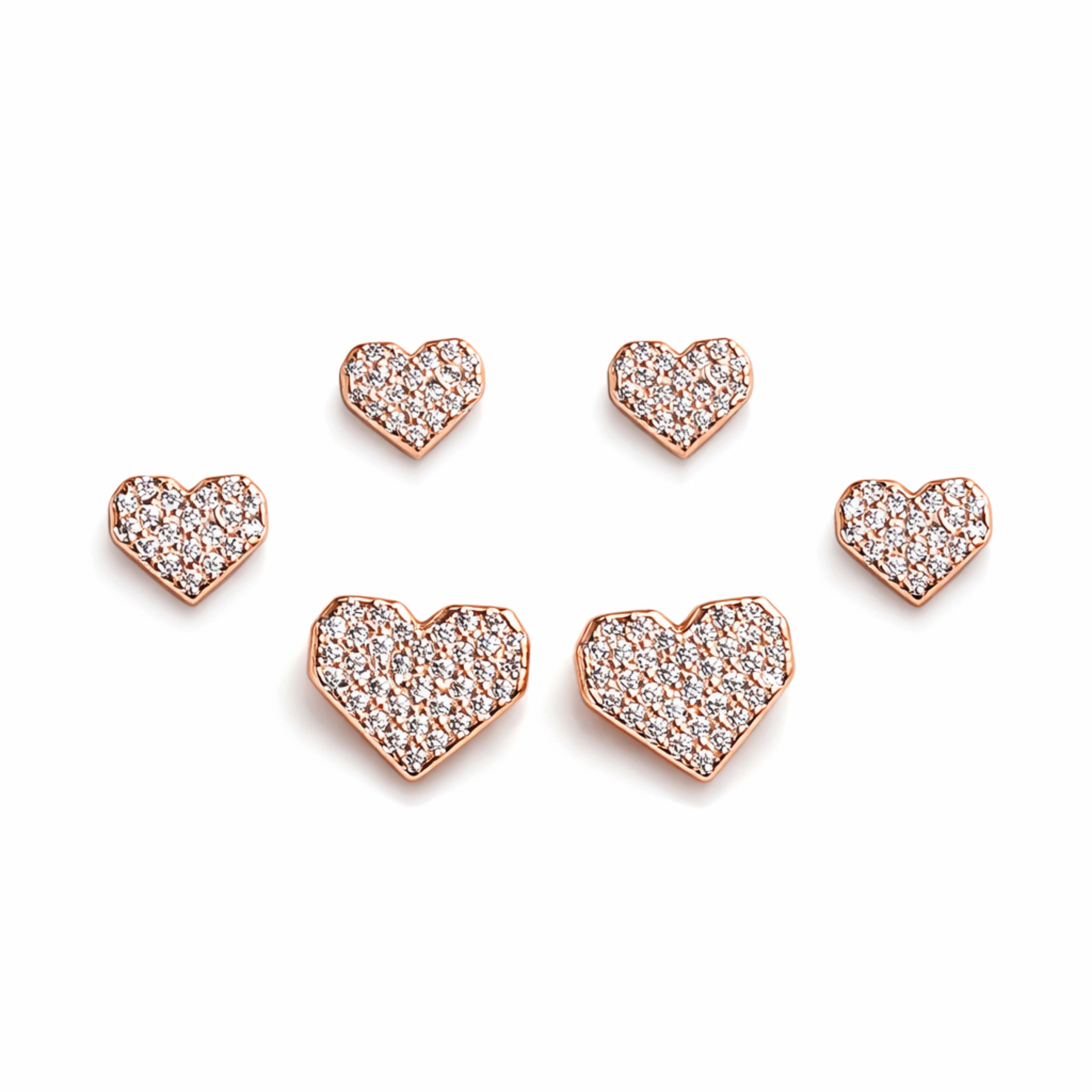 925 Sterling Silver Rose Gold Heart Stud Earrings Set | 3 Pair CZ Heart Earrings