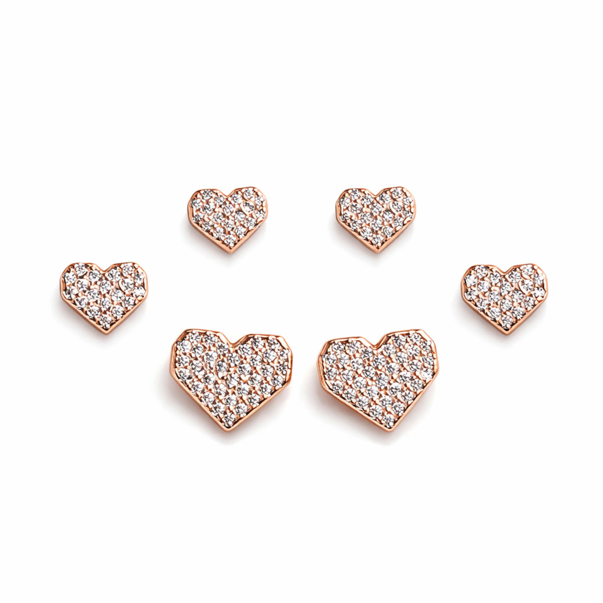 925 Sterling Silver Rose Gold Heart Stud Earrings Set | 3 Pair CZ Heart Earrings