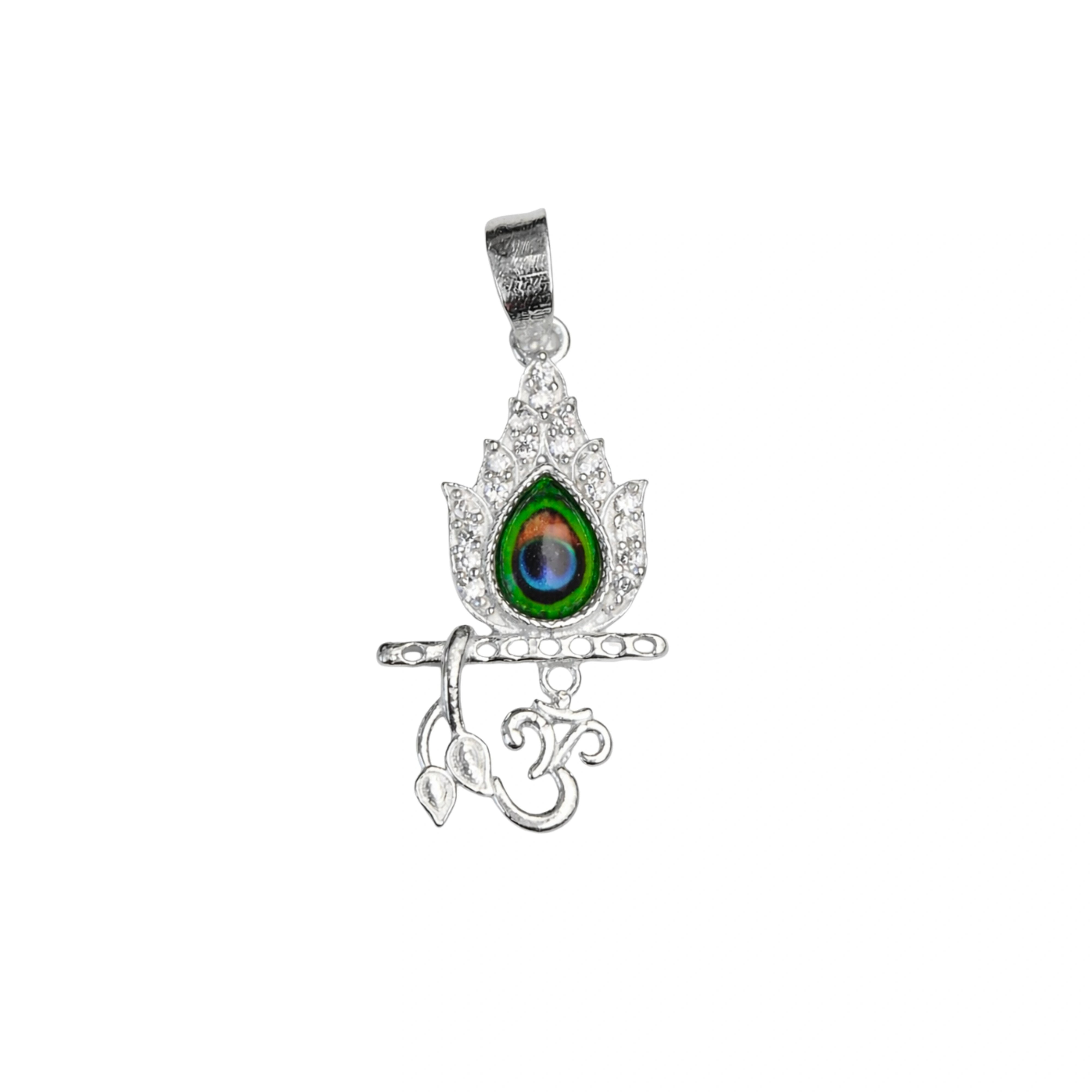 925 Sterling Silver Krishna Flute Om Pendant with Peacock Feather & CZ Stones