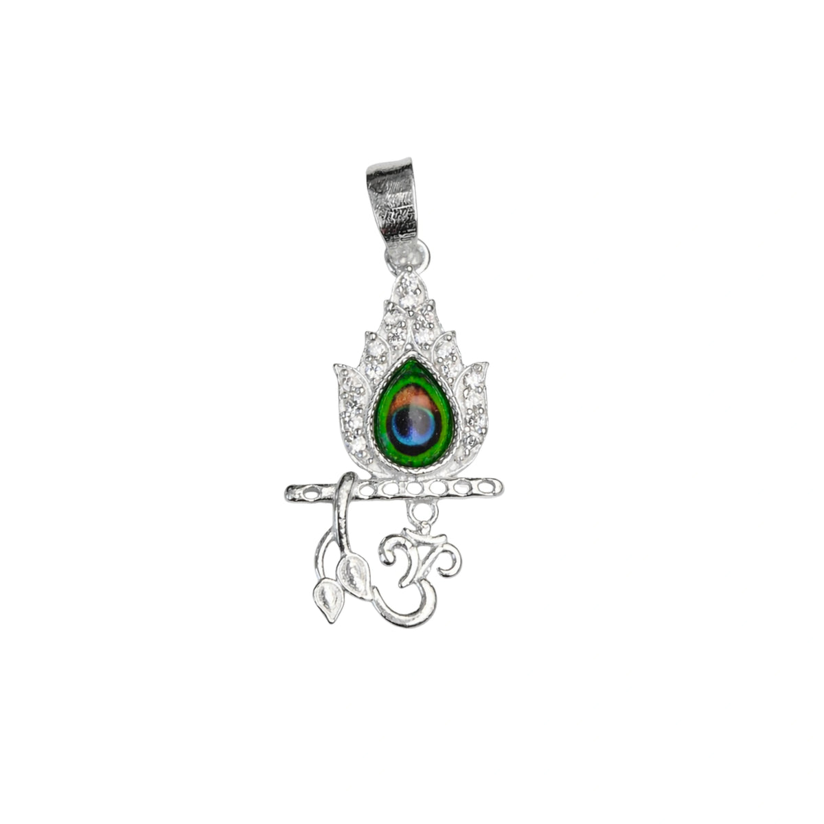 925 Sterling Silver Krishna Flute Om Pendant with Peacock Feather & CZ Stones