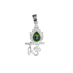 925 Sterling Silver Krishna Flute Om Pendant with Peacock Feather & CZ Stones
