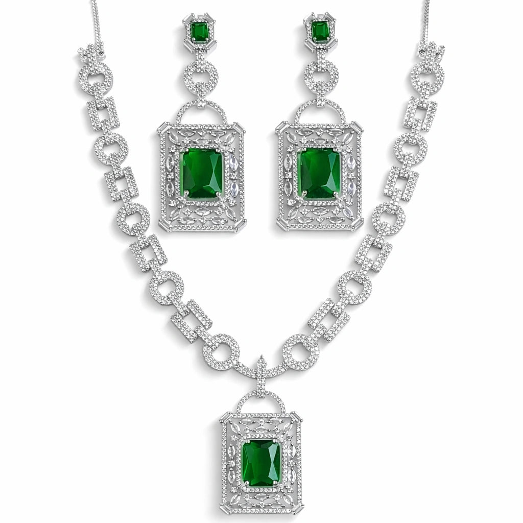Elegant Emerald Green Crystal Pendant Necklace Set with Earrings | AD Artificial Bridal Jewellery