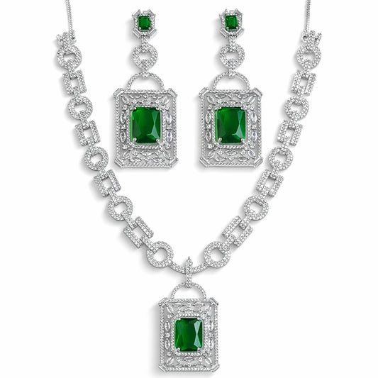 Elegant Emerald Green Crystal Pendant Necklace Set with Earrings | AD Artificial Bridal Jewellery