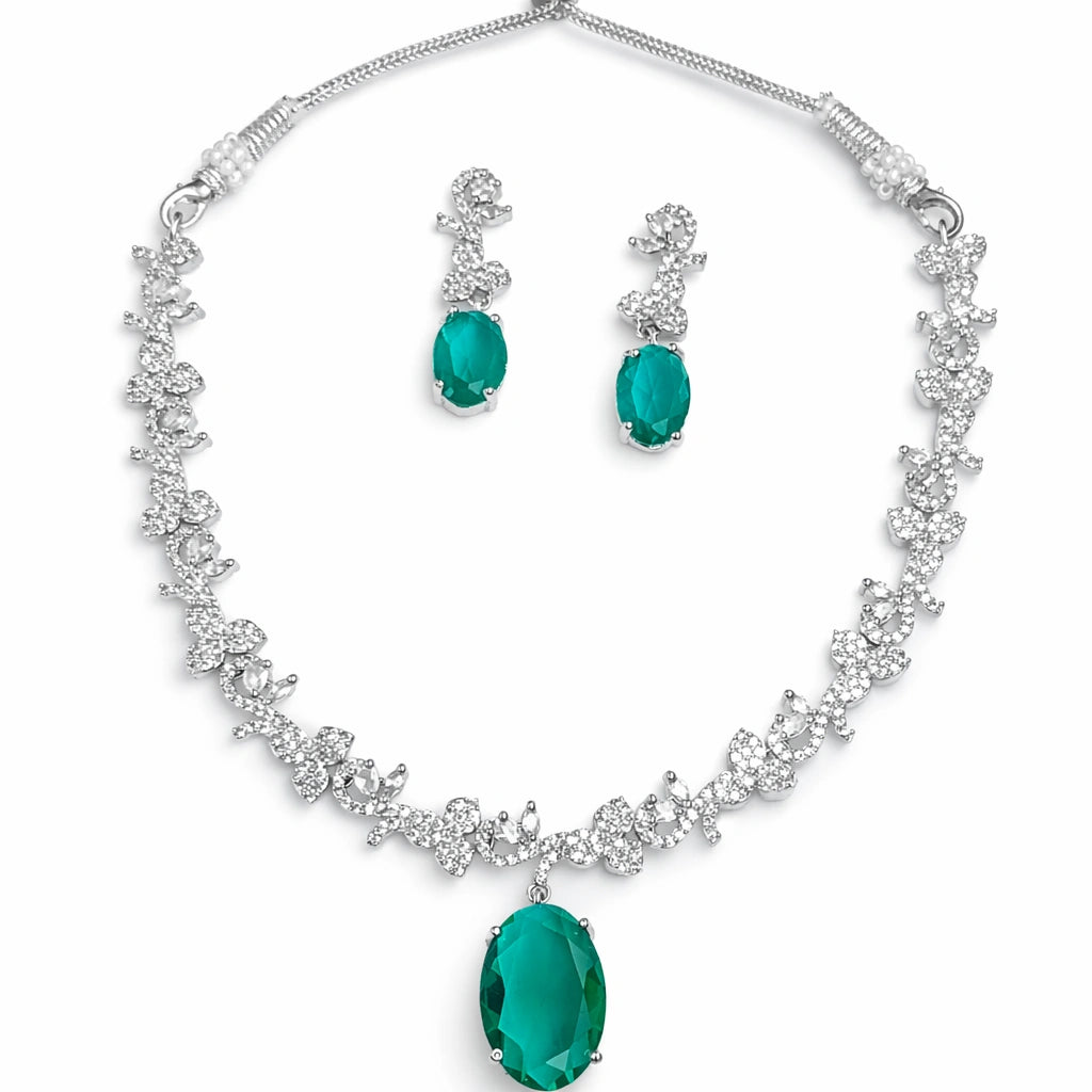 Green Stone Necklace Set with Earrings for Women | American Diamond Artificial Jewellery Party Wear